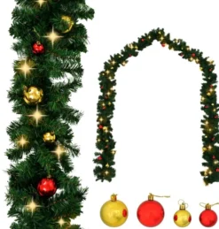 Jouluköynnös, koristeltu joulupalloilla ja LED-valoilla, 10 m