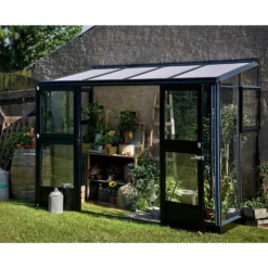 Kasvihuone Veranda 4,4m², antrasitmusta alumiinirunko, turvalasit, kennolevykatto
