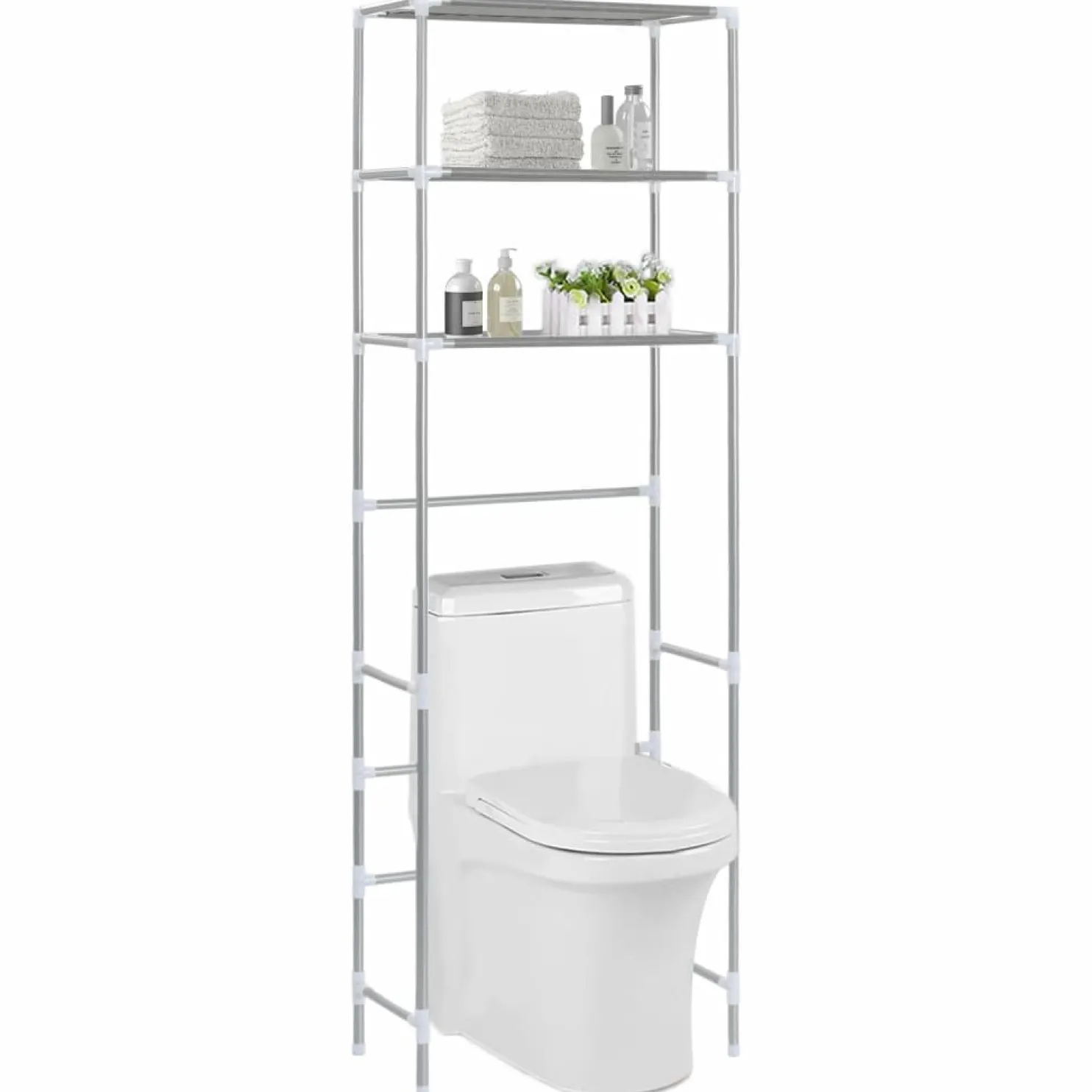 3-kerroksinen säilytyshylly wc-pytyn ylle hopea 53x28x169 cm