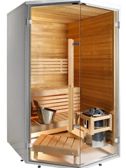 Kylpyhuonesauna Harvia Sirius Formula 1240x1240mm eri materiaaleja lämpökäsitelty panelointi kulmamalli