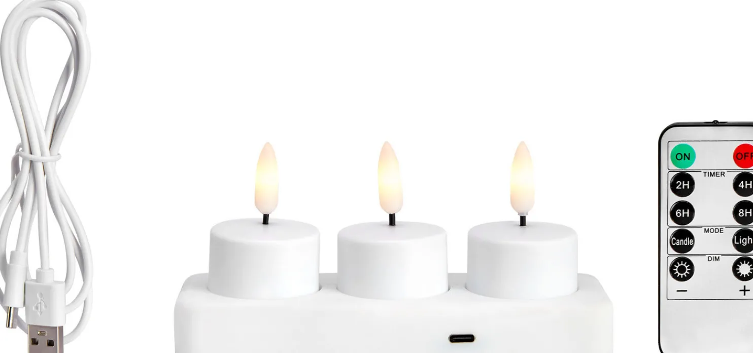 Ladattava LED-tuikkukynttilä Markslöjd Tea 3kpl kaukosäädin USB-C valkoinen