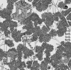 Lastenhuoneen tapetti Rebel Walls Treehouse Graphite, kasvi, apina, mustavalkoinen