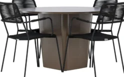 Ruokailuryhmä Venture Home, ø120cm harmaanruskea Santa Fe -pöytä + 4 Lindos-tuolia, käsinojilla