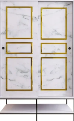 Vaatekaappi liukuovilla Linento Furniture Martin, 120cm, valkoinen marmori/kulta