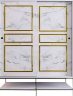 Vaatekaappi liukuovilla Linento Furniture Martin, 150cm, valkoinen marmori/kulta